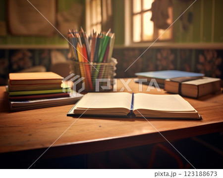 A desk with a book open and a basket of colored pencils 123188673
