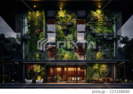 Contemporary office space incorporating ecological materials and green technology for efficient energy use and carbon neutrality 123188680