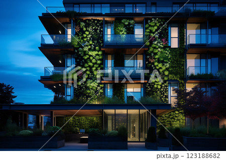 Eco-conscious office design with renewable energy sources and sustainable materials, representing the future of green architectural innovation 123188682