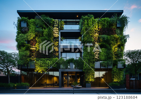 Innovative green architecture with vertical gardening, emphasizing sustainability and energy conservation in modern urban development 123188684