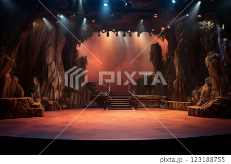 Theater stage light background with spotlight illuminated the stage for opera performance. Stage lighting. Empty stage with naturalistic colors backdrop decoration. Entertainment show. Lighting design 123188755