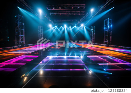 Modern dance stage light background with spotlight illuminated for modern dance production stage. Empty stage with creative lighting. Stage lighting art design. Entertainment show. Generative AI. 123188824