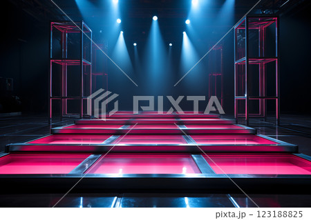 Artistic performances stage light background with spotlight illuminated the stage for modern dance. Empty stage with dynamic color changes backdrop decoration. Lighting design. Entertainment show. 123188825