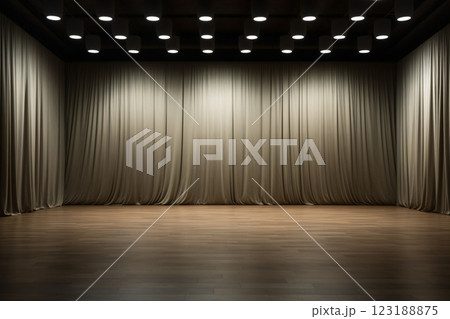 Artistic performances stage light background with spotlight illuminated the stage for modern dance. Empty stage with neutral and natural tones backdrop decoration. Lighting design. Entertainment show. 123188875