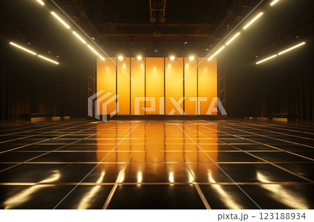 Modern dance stage light background with spotlight illuminated for modern dance production stage. Empty stage with warm whites light color. Stage lighting art design. Entertainment show stage. Modern dance stage light background with spotlight illuminated for modern dance production stage. Empty stage with warm whites light color. Stage lighting art design. Entertainment show stage. 123188934