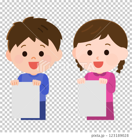 Calligraphy: Boy and girl showing white paper 123189028