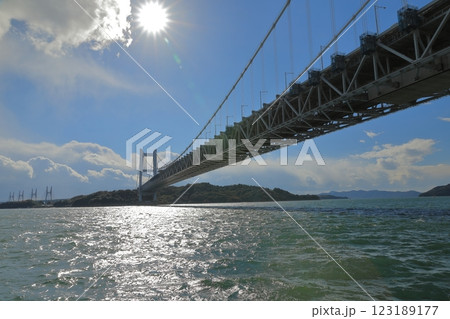 瀬戸内海の上空から瀬戸大橋を照らす太陽の眺め 瀬戸内海の上空から瀬戸大橋を照らす太陽の眺め 123189177