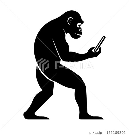 スマホの画面を見ている猿の黒いシルエットイラスト 透過背景の切り抜き スマホの画面を見ている猿の黒いシルエットイラスト 透過背景の切り抜き 123189293