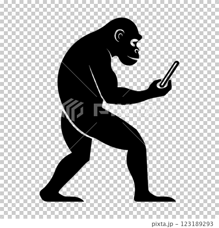 Black silhouette illustration of a monkey looking at a smartphone screen, cut out on a transparent background 123189293