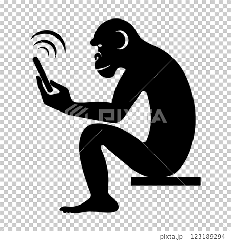 Black silhouette illustration of a monkey looking at a smartphone screen, cut out on a transparent background 123189294