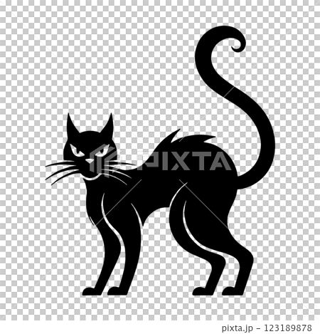 Black silhouette illustration of a Halloween black cat glaring at you with a scary expression, cut out on a transparent background 123189878