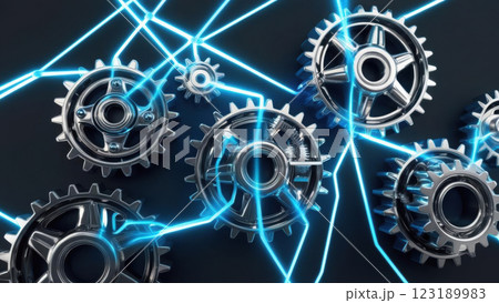 glowing network of gears interconnected with bright lines symbolizes seamless operation of AI automation systems, showcasing innovation and technology 123189983