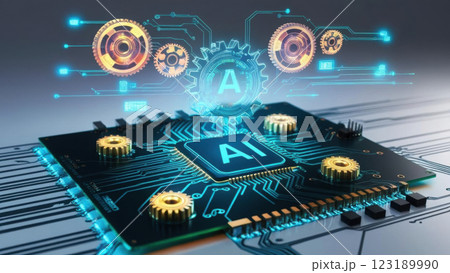 symbolic image of glowing AI circuit board with holographic gears and data streams, showcasing advanced technology and innovation in futuristic setting symbolic image of glowing AI circuit board with holographic gears and data streams, showcasing advanced technology and innovation in futuristic setting 123189990