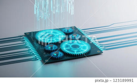 glowing AI circuit board with holographic gears and data streams, symbolizing technology and innovation, offers futuristic feel with ample copy space glowing AI circuit board with holographic gears and data streams, symbolizing technology and innovation, offers futuristic feel with ample copy space 123189991