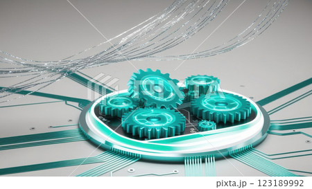 glowing AI circuit board with holographic gears and data streams, showcasing advanced technology and innovation. Perfect for tech related themes glowing AI circuit board with holographic gears and data streams, showcasing advanced technology and innovation. Perfect for tech related themes 123189992