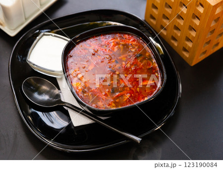 National dish of Russian cuisine is Solyanka soup National dish of Russian cuisine is Solyanka soup 123190084