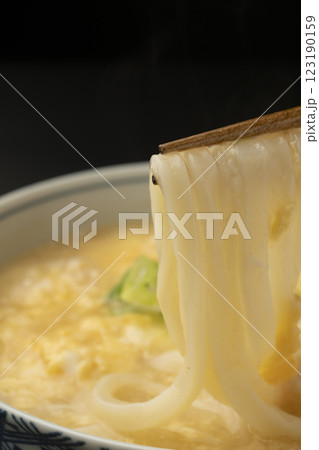 熱々のかきたまうどんを箸で持ち上げる 熱々のかきたまうどんを箸で持ち上げる 123190159