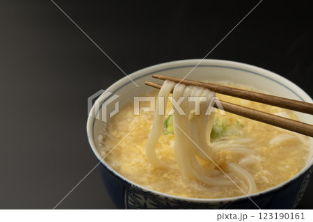熱々のかきたまうどんを箸で持ち上げる 熱々のかきたまうどんを箸で持ち上げる 123190161