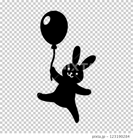 一隻兔子帶著氣球漂浮在空中的黑色剪影插圖,在透明背景上被剪下來 一隻兔子帶著氣球漂浮在空中的黑色剪影插圖,在透明背景上被剪下來 123190284