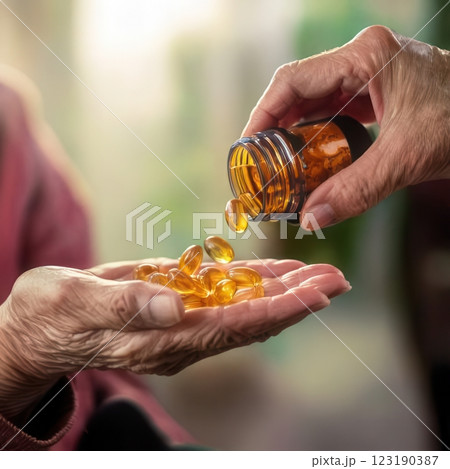 A close-up of hands pouring vitamins and supplements into an elderly person's palm, symbolizing health care. 123190387