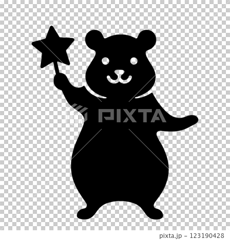 Black silhouette illustration of a hamster holding a star, cut out on transparent background 123190428