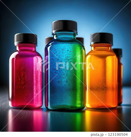 Vibrant gradient-colored vitamin bottles reflecting colorful light, creating an aesthetic and modern health supplement display. 123190504