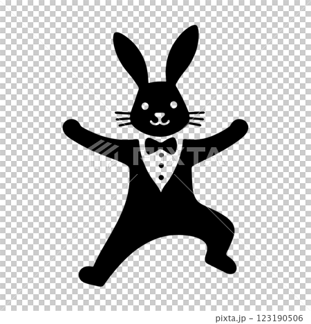 タキシードスーツを身に着けてコミカルなダンスを踊っている可愛いウサギの黒いシルエットイラスト 透過背 タキシードスーツを身に着けてコミカルなダンスを踊っている可愛いウサギの黒いシルエットイラスト 透過背 123190506