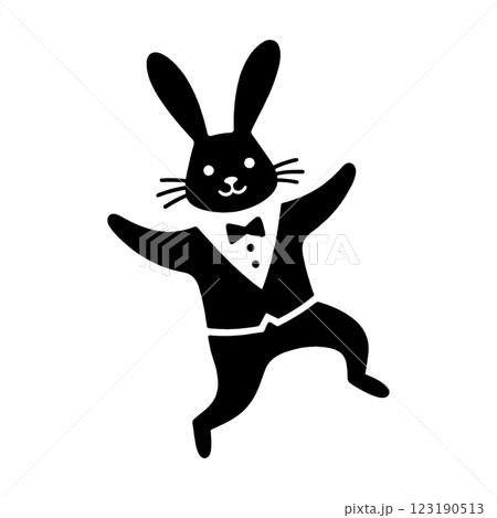タキシードスーツを身に着けてコミカルなダンスを踊っている可愛いウサギの黒いシルエットイラスト　透過背 123190513
