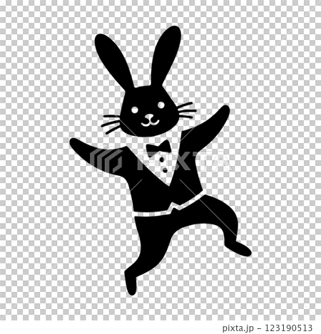 タキシードスーツを身に着けてコミカルなダンスを踊っている可愛いウサギの黒いシルエットイラスト　透過背 123190513