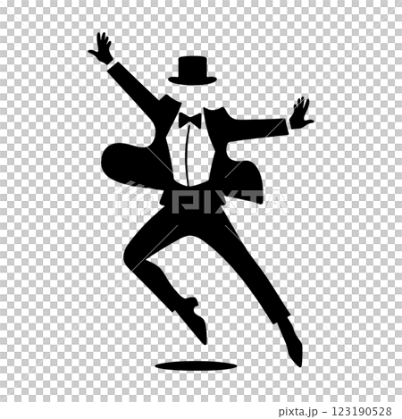 楽しいダンスを踊っているタキシードスーツとシルクハットを身につけた男性の黒いシルエットイラスト 透過 楽しいダンスを踊っているタキシードスーツとシルクハットを身につけた男性の黒いシルエットイラスト 透過 123190528