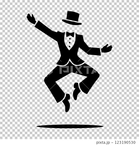 楽しいダンスを踊っているタキシードスーツとシルクハットを身につけた男性の黒いシルエットイラスト　透過 123190530