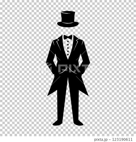 タキシードスーツとシルクハットを身につけた男性の黒いシルエットイラスト　透過背景の切り抜き 123190611