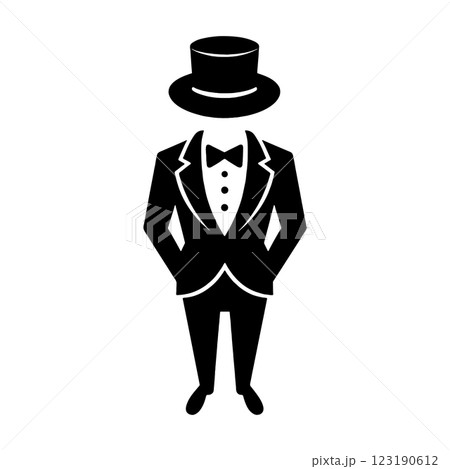 上からの構図のタキシードスーツとシルクハットを身につけた男性の黒いシルエットイラスト　透過背景 123190612