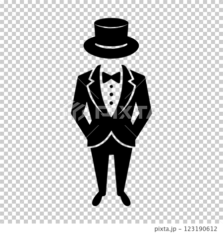 Black silhouette illustration of a man wearing a tuxedo suit and top hat, viewed from above, transparent background 123190612