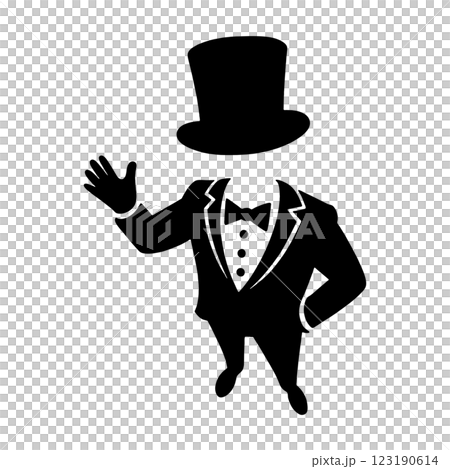一名男子身穿燕尾服和高頂禮帽的黑色剪影插圖，從上方看，背景透明 123190614