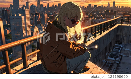 夕焼けを見つめる女の子 夕焼けを見つめる女の子 123190690