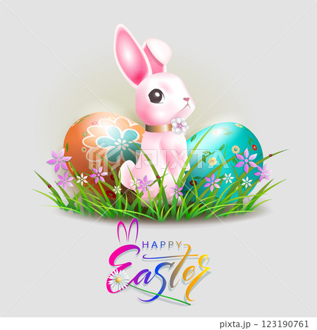 Drawing with Easter eggs and cute bunny, design component Drawing with Easter eggs and cute bunny, design component 123190761