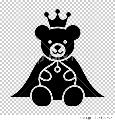透明背景上剪下的一隻身穿國王斗篷和皇冠的泰迪熊的黑色剪影插圖 123190797