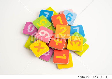 Number wood block cubes for learning Mathematic, education math concept. 123190815