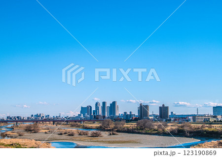 日本の東京都市景観2月10日…多摩川や川崎・武蔵小杉駅前のタワーマンション群など望む＝令和7年 123190869
