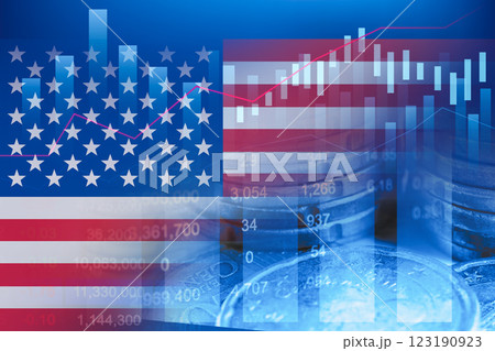 US America flag on stock investment trading with coin and graph. US America flag on stock investment trading with coin and graph. 123190923