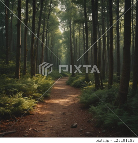 霧に包まれた林道 123191185