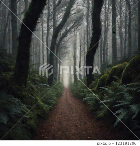 霧に包まれた森の小道 123191206
