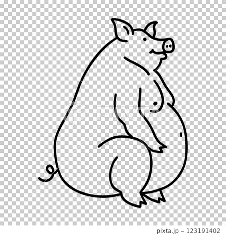 丸々と太っただらしない体型の豚のキャラクターの手描き線画イラスト 透過背景の切り抜き 丸々と太っただらしない体型の豚のキャラクターの手描き線画イラスト 透過背景の切り抜き 123191402