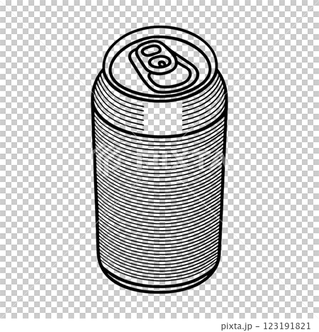 簡單的黑線畫，描繪鋁罐中的飲料，在透明背景上剪下來 123191821