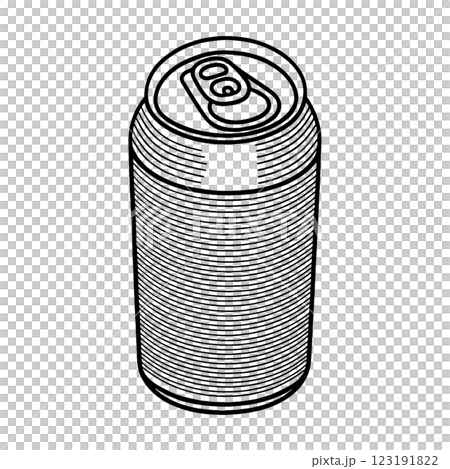 簡單的黑線畫，描繪鋁罐中的飲料，在透明背景上剪下來 123191822