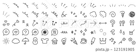 手書きの飾りイラストのベクターイラストセット。手描き、集中線、注目、矢印、吹き出し 123191905