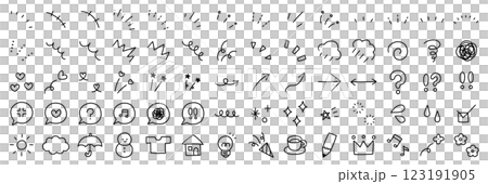 手書きの飾りイラストのベクターイラストセット。手描き、集中線、注目、矢印、吹き出し 123191905