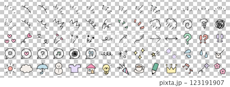手書きの飾りイラストのベクターイラストセット。手描き、集中線、注目、矢印、吹き出し 123191907