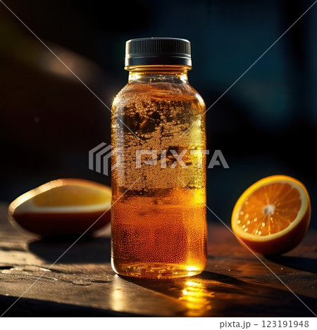 A refreshing vitamin-infused citrus drink with electrolytes in a glass bottle, surrounded by fresh oranges and limes. 123191948